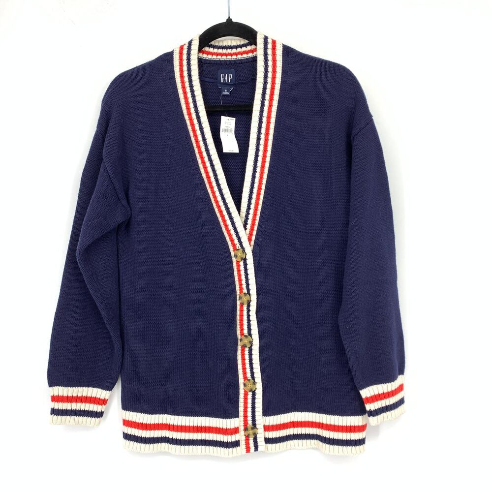 GAP V-Neck Cardigan Sweater Womens Sz S Navy Blue Red White Stripe Trim NEW